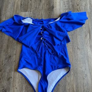 Blue off the shoulder lace up swimsuit